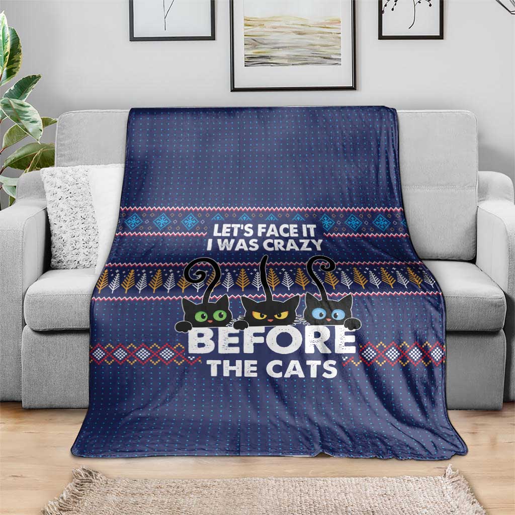 Crazy Cat Lover Blanket with Black Cats and Funny Quote in Blue Holiday Knit Pattern Design - Wonder Print Shop