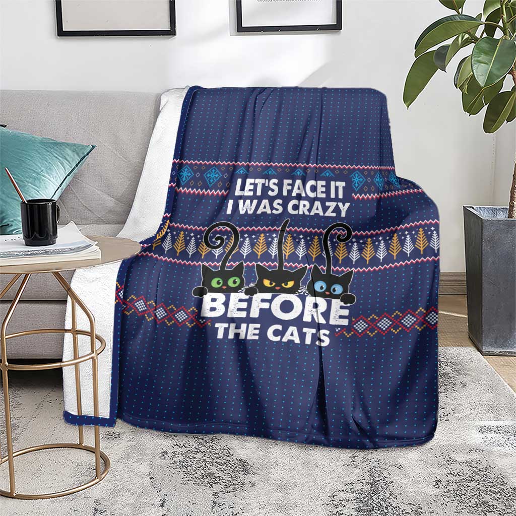 Crazy Cat Lover Blanket with Black Cats and Funny Quote in Blue Holiday Knit Pattern Design - Wonder Print Shop