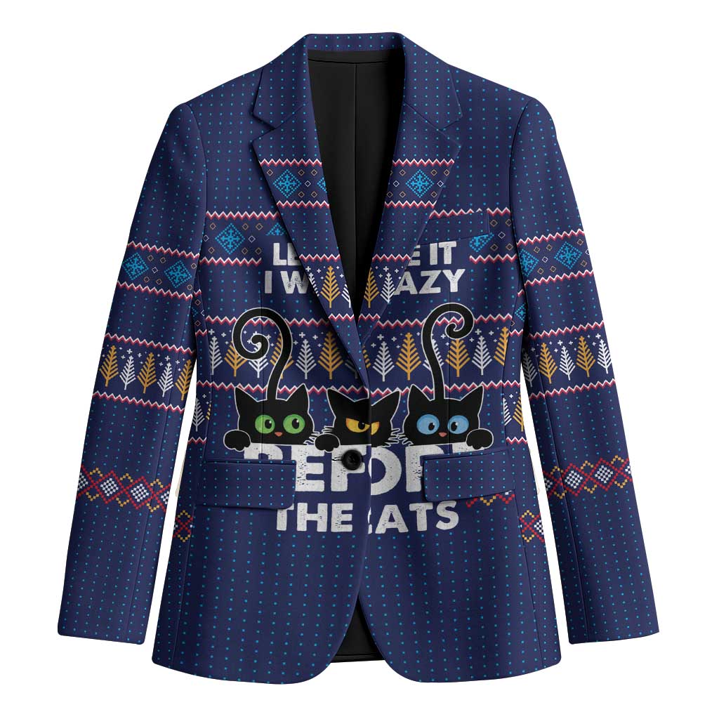 Crazy Cat Lover Blazer with Black Cats and Funny Quote in Blue Holiday Knit Pattern Design - Wonder Print Shop