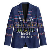 Crazy Cat Lover Blazer with Black Cats and Funny Quote in Blue Holiday Knit Pattern Design - Wonder Print Shop