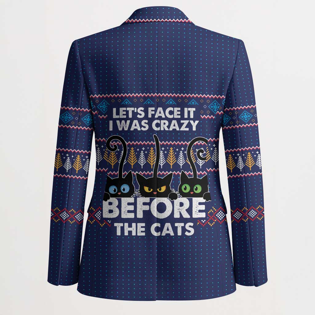 Crazy Cat Lover Blazer with Black Cats and Funny Quote in Blue Holiday Knit Pattern Design - Wonder Print Shop