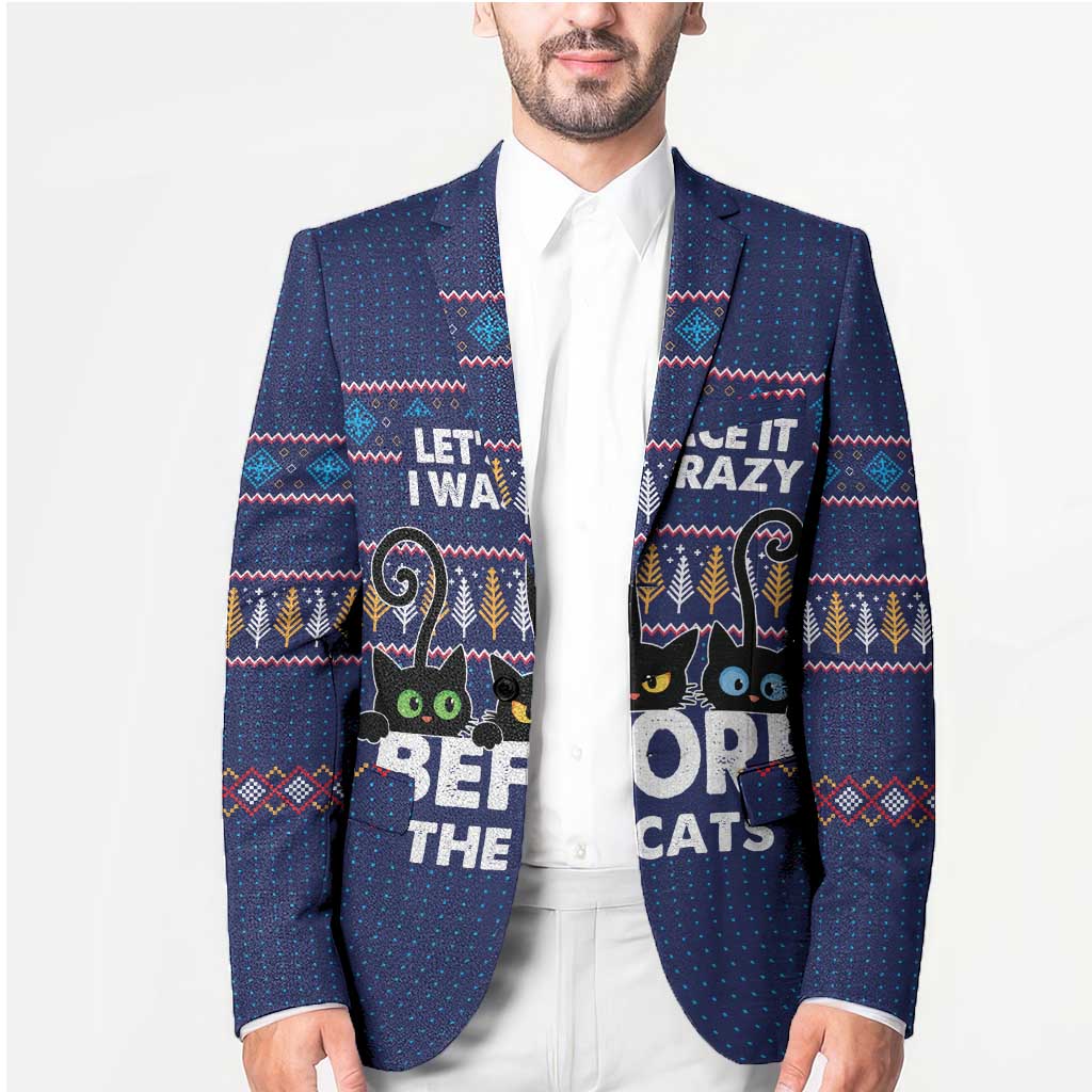 Crazy Cat Lover Blazer with Black Cats and Funny Quote in Blue Holiday Knit Pattern Design - Wonder Print Shop