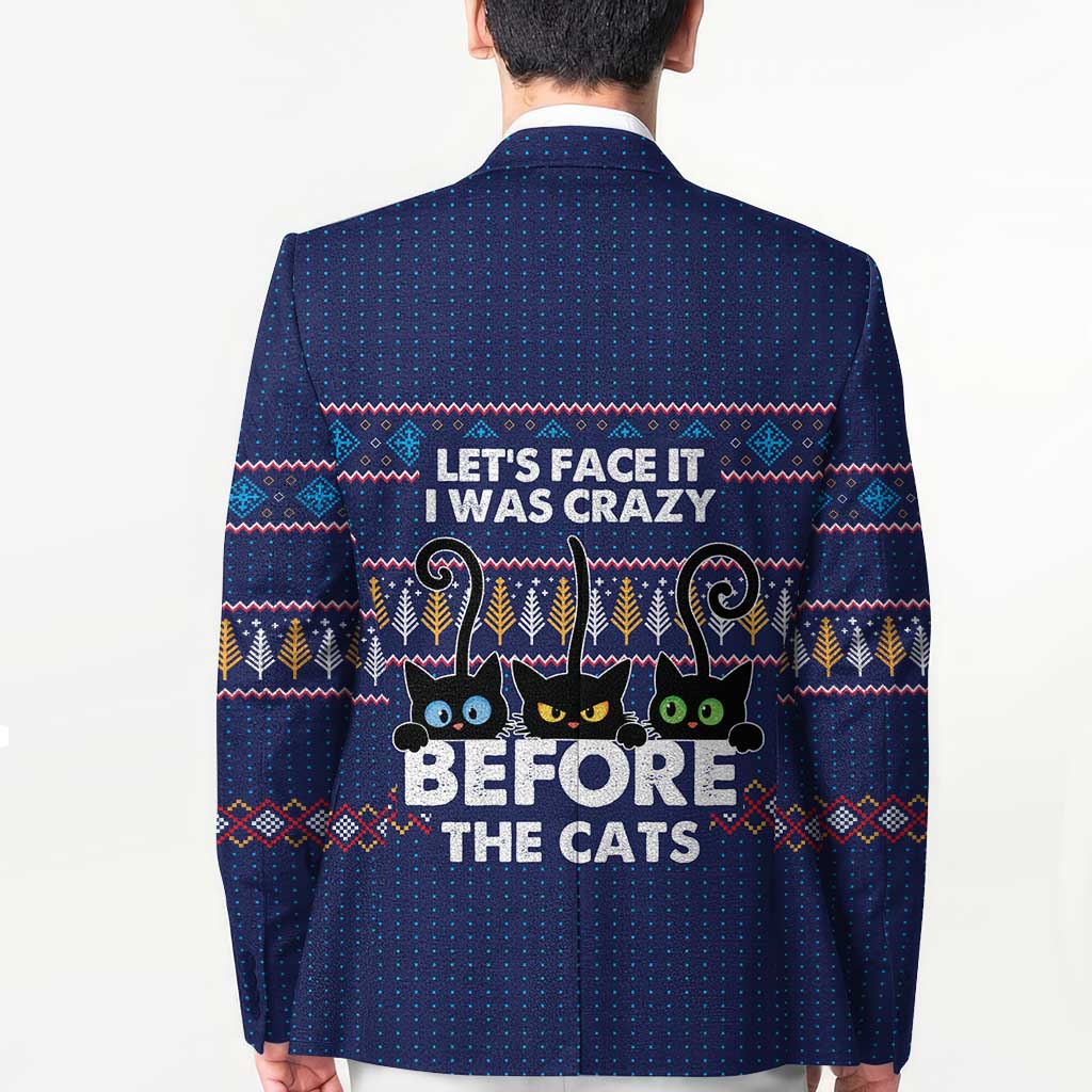 Crazy Cat Lover Blazer with Black Cats and Funny Quote in Blue Holiday Knit Pattern Design - Wonder Print Shop
