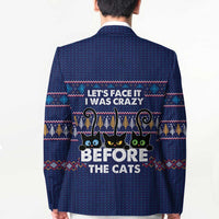 Crazy Cat Lover Blazer with Black Cats and Funny Quote in Blue Holiday Knit Pattern Design - Wonder Print Shop