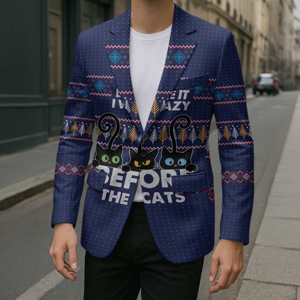 Crazy Cat Lover Blazer with Black Cats and Funny Quote in Blue Holiday Knit Pattern Design - Wonder Print Shop