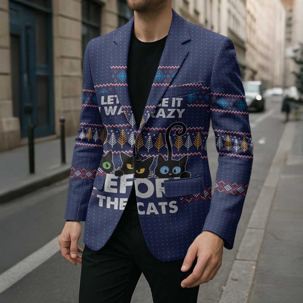 Crazy Cat Lover Blazer with Black Cats and Funny Quote in Blue Holiday Knit Pattern Design - Wonder Print Shop