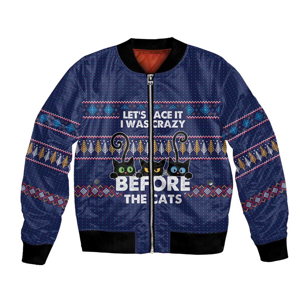 Crazy Cat Lover Bomber Jacket with Black Cats and Funny Quote in Blue Holiday Knit Pattern Design - Wonder Print Shop