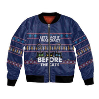 Crazy Cat Lover Bomber Jacket with Black Cats and Funny Quote in Blue Holiday Knit Pattern Design - Wonder Print Shop