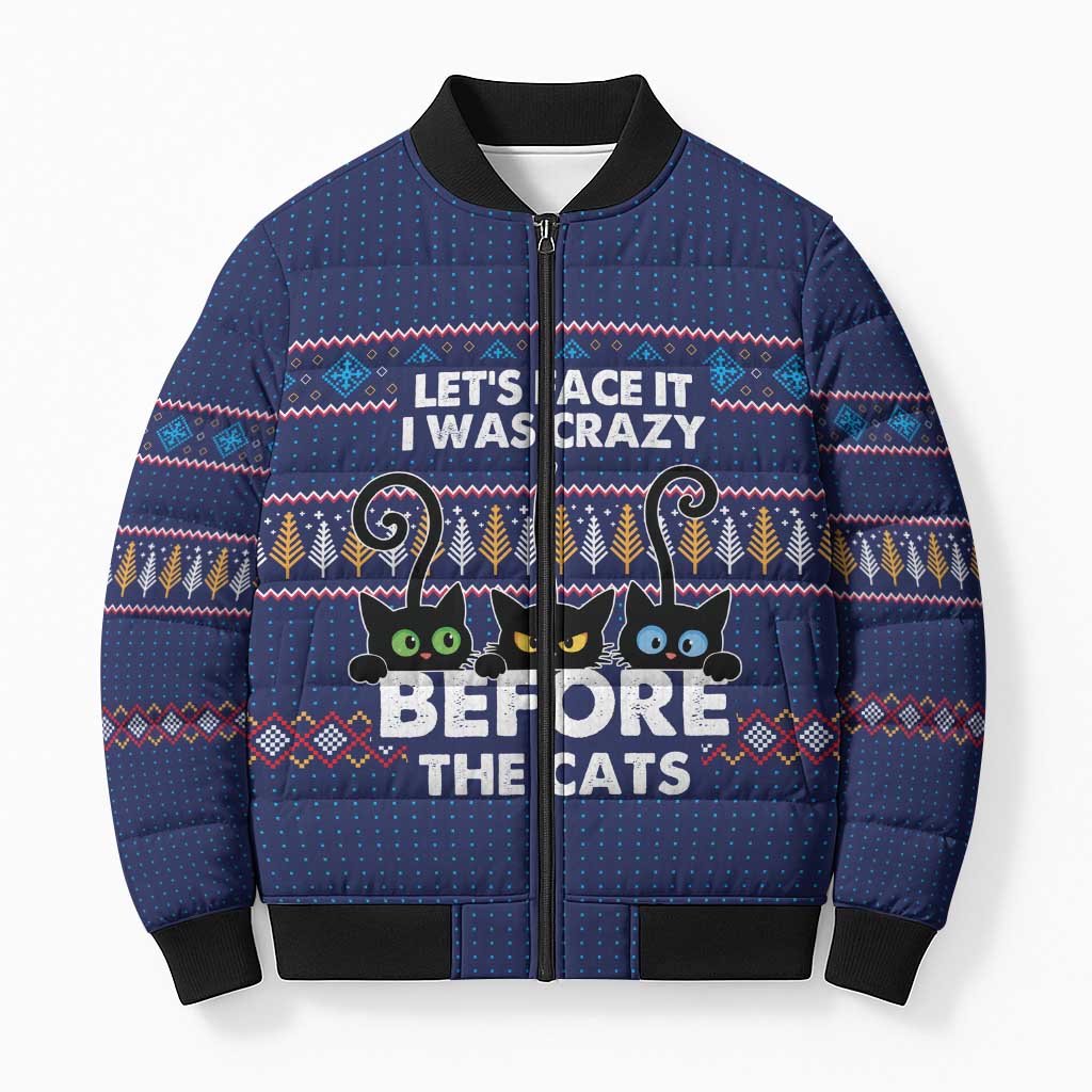 Crazy Cat Lover Bomber Puffer Jacket with Black Cats and Funny Quote in Blue Holiday Knit Pattern Design - Wonder Print Shop