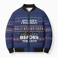 Crazy Cat Lover Bomber Puffer Jacket with Black Cats and Funny Quote in Blue Holiday Knit Pattern Design - Wonder Print Shop