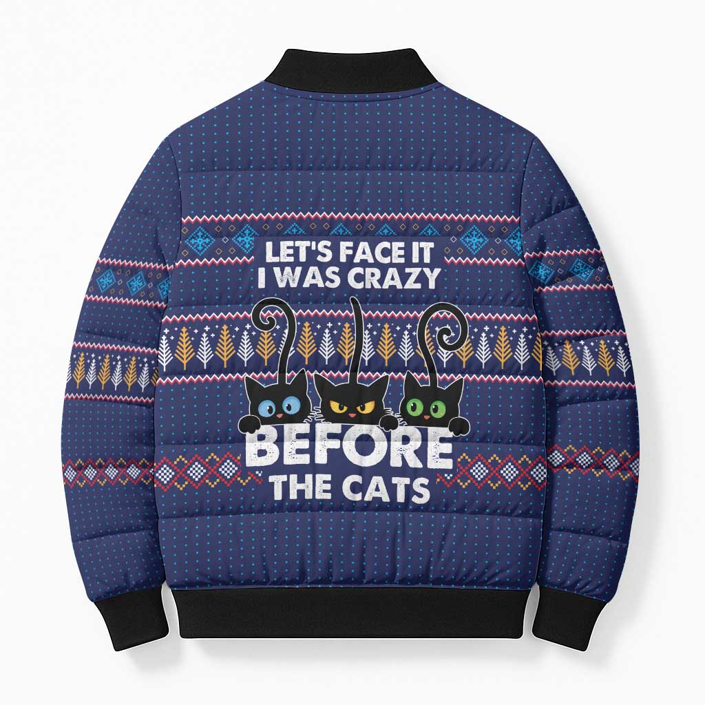 Crazy Cat Lover Bomber Puffer Jacket with Black Cats and Funny Quote in Blue Holiday Knit Pattern Design - Wonder Print Shop