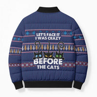 Crazy Cat Lover Bomber Puffer Jacket with Black Cats and Funny Quote in Blue Holiday Knit Pattern Design - Wonder Print Shop