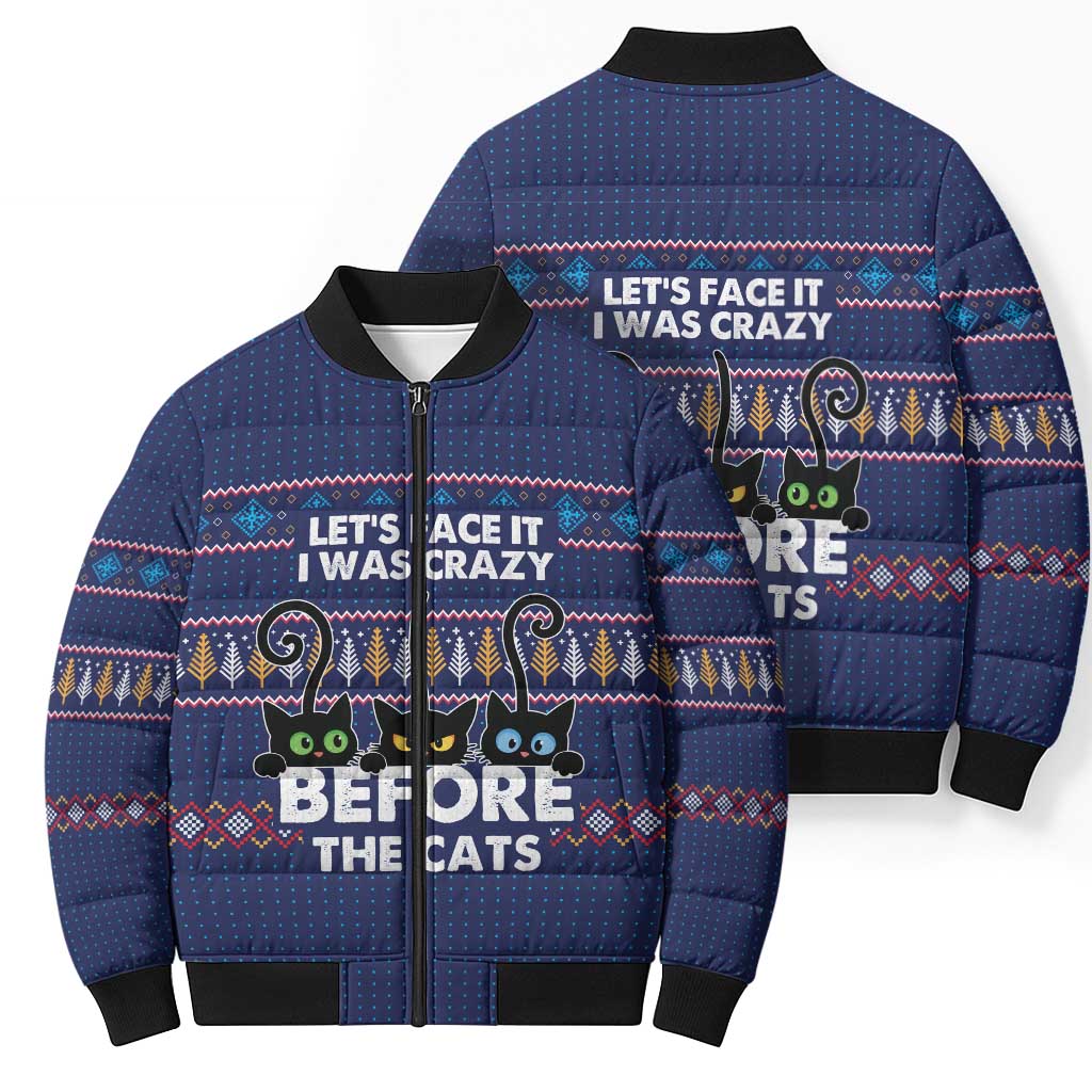 Crazy Cat Lover Bomber Puffer Jacket with Black Cats and Funny Quote in Blue Holiday Knit Pattern Design - Wonder Print Shop