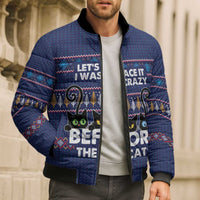 Crazy Cat Lover Bomber Puffer Jacket with Black Cats and Funny Quote in Blue Holiday Knit Pattern Design - Wonder Print Shop