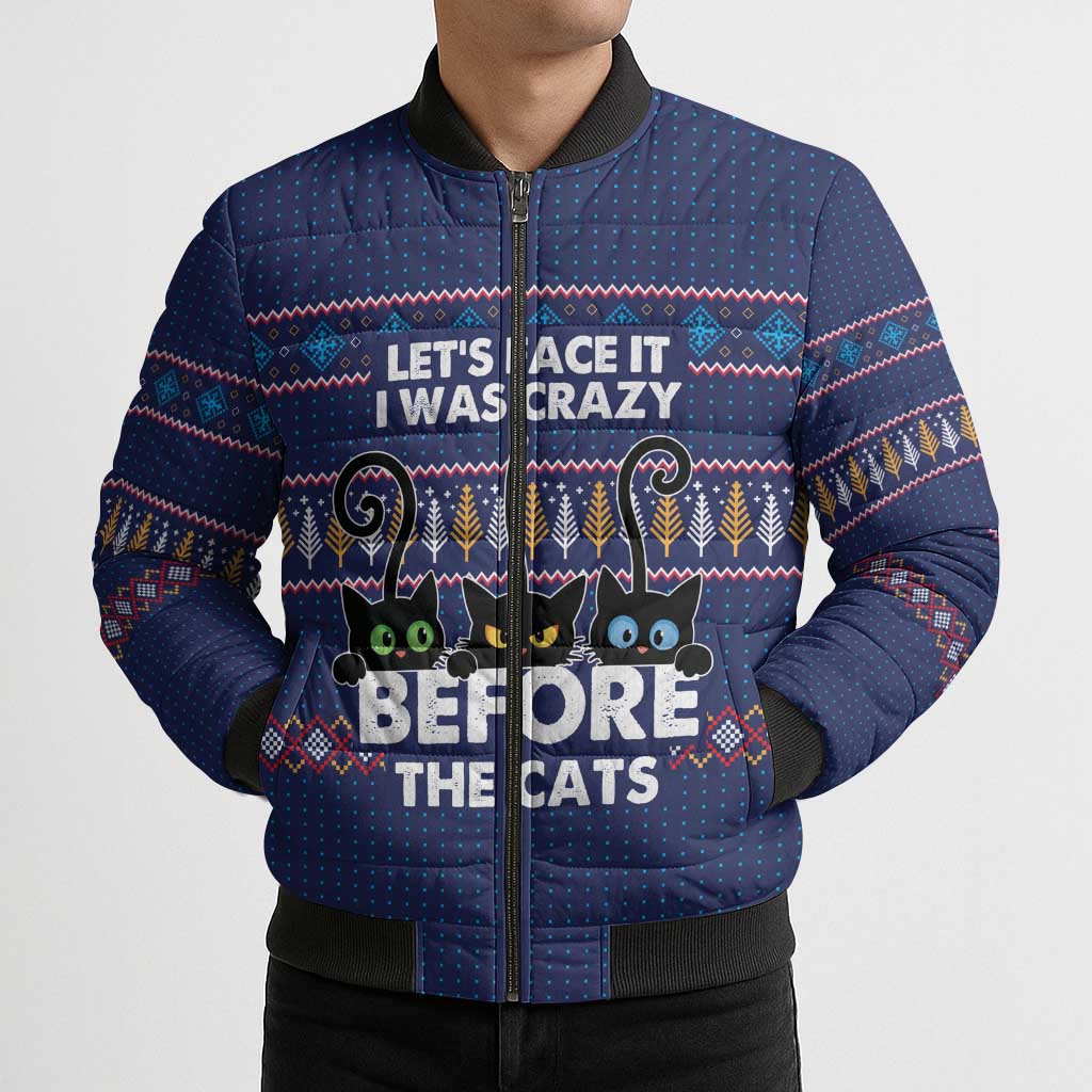 Crazy Cat Lover Bomber Puffer Jacket with Black Cats and Funny Quote in Blue Holiday Knit Pattern Design - Wonder Print Shop