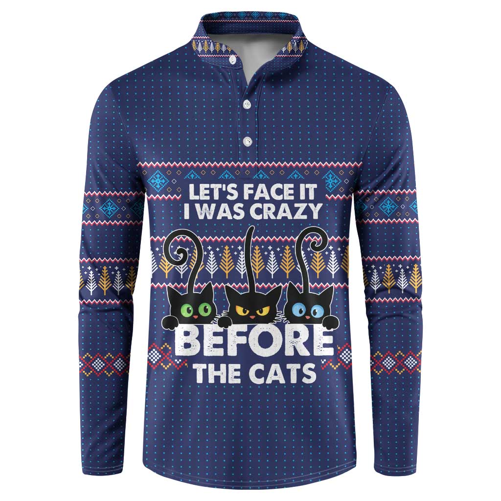 Crazy Cat Lover Button Sweatshirt with Black Cats and Funny Quote in Blue Holiday Knit Pattern Design - Wonder Print Shop