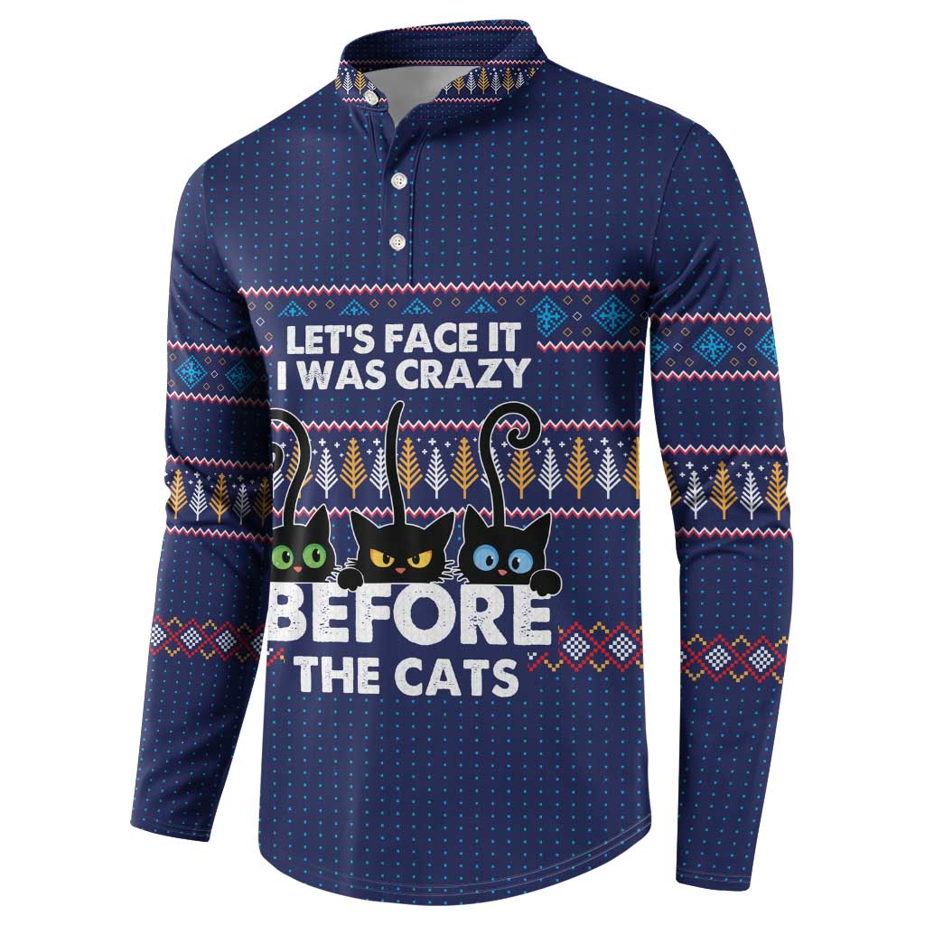 Crazy Cat Lover Button Sweatshirt with Black Cats and Funny Quote in Blue Holiday Knit Pattern Design - Wonder Print Shop