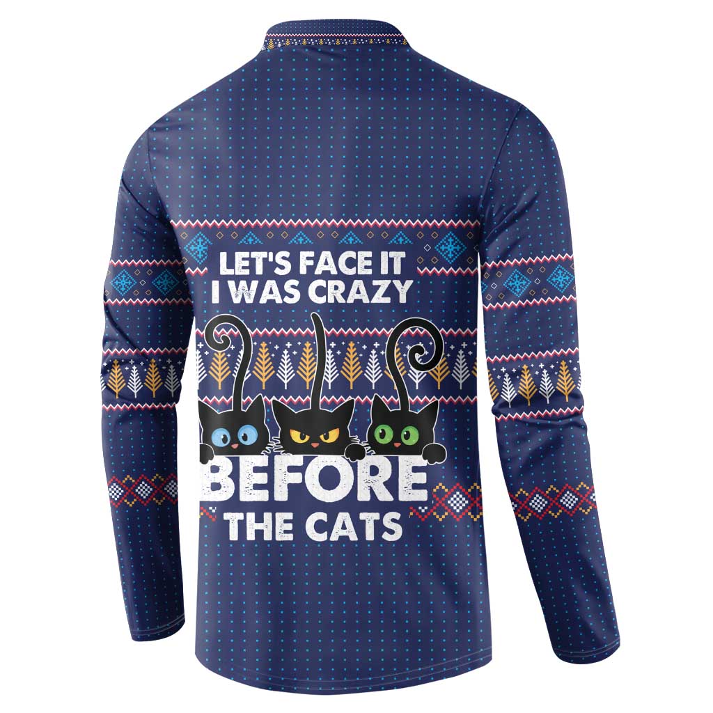 Crazy Cat Lover Button Sweatshirt with Black Cats and Funny Quote in Blue Holiday Knit Pattern Design - Wonder Print Shop