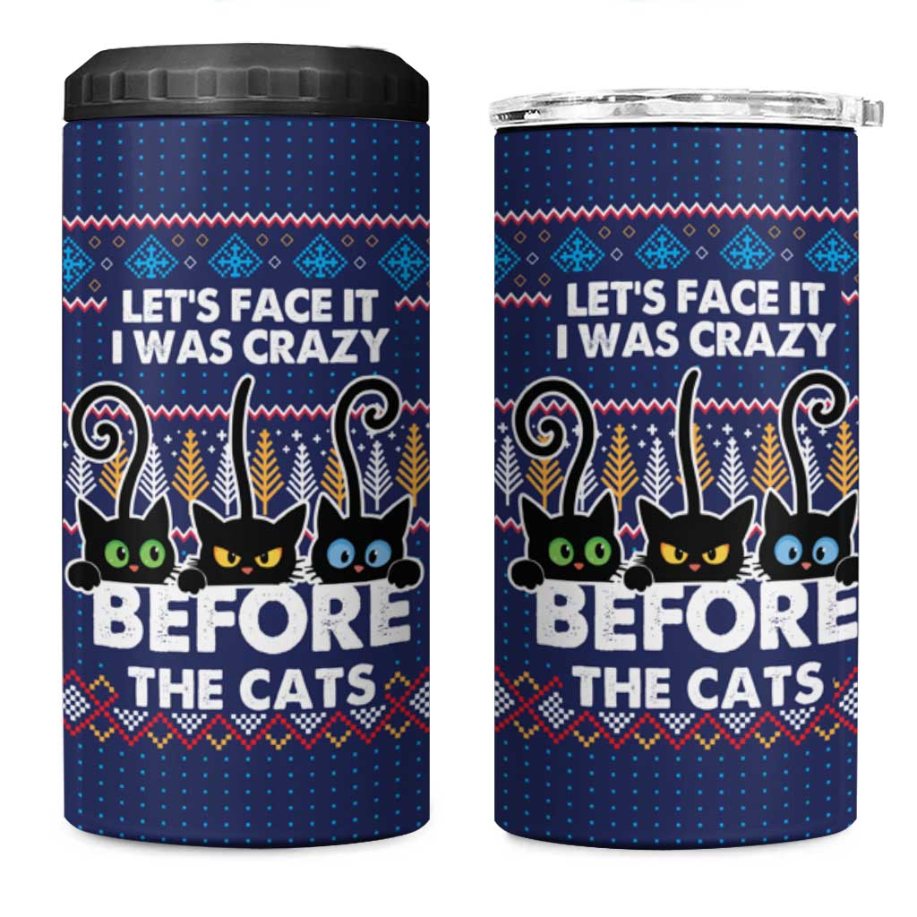 Crazy Cat Lover 4 in 1 Can Cooler Tumbler with Black Cats and Funny Quote in Blue Holiday Knit Pattern Design - Wonder Print Shop