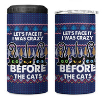 Crazy Cat Lover 4 in 1 Can Cooler Tumbler with Black Cats and Funny Quote in Blue Holiday Knit Pattern Design - Wonder Print Shop