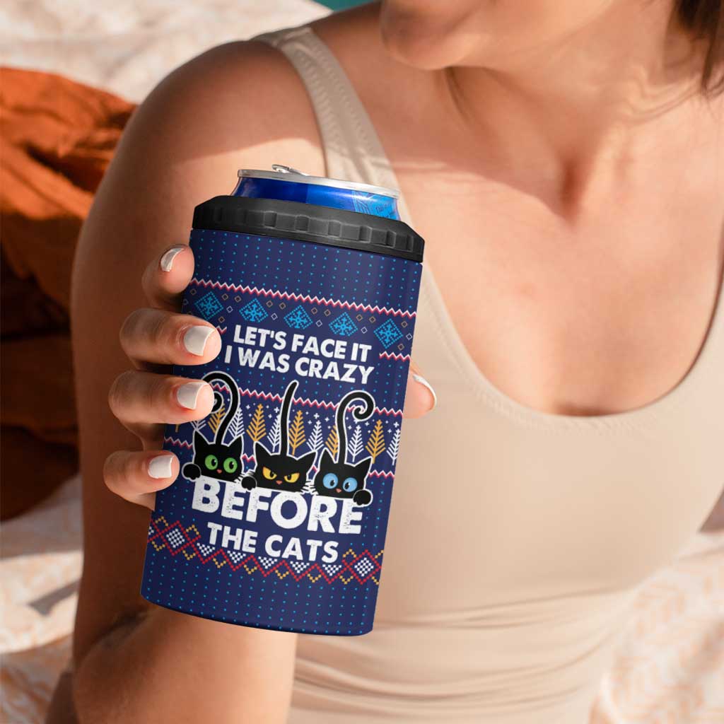 Crazy Cat Lover 4 in 1 Can Cooler Tumbler with Black Cats and Funny Quote in Blue Holiday Knit Pattern Design - Wonder Print Shop