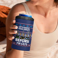 Crazy Cat Lover 4 in 1 Can Cooler Tumbler with Black Cats and Funny Quote in Blue Holiday Knit Pattern Design - Wonder Print Shop
