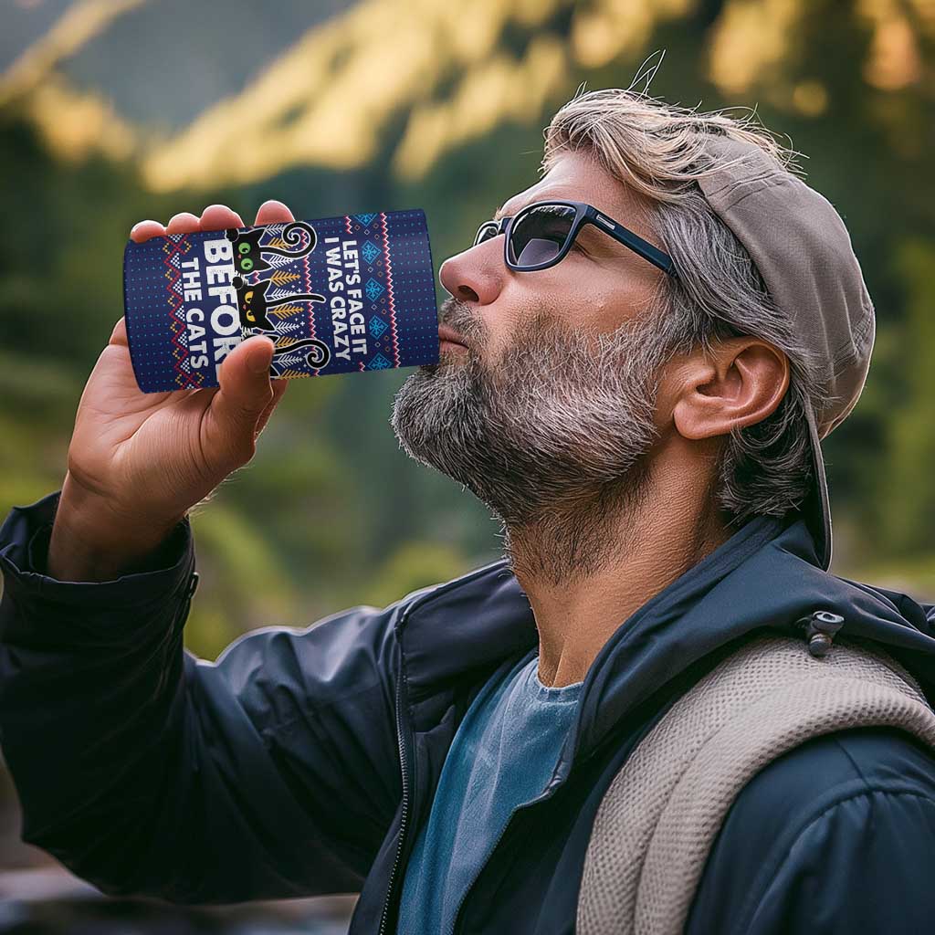 Crazy Cat Lover 4 in 1 Can Cooler Tumbler with Black Cats and Funny Quote in Blue Holiday Knit Pattern Design - Wonder Print Shop