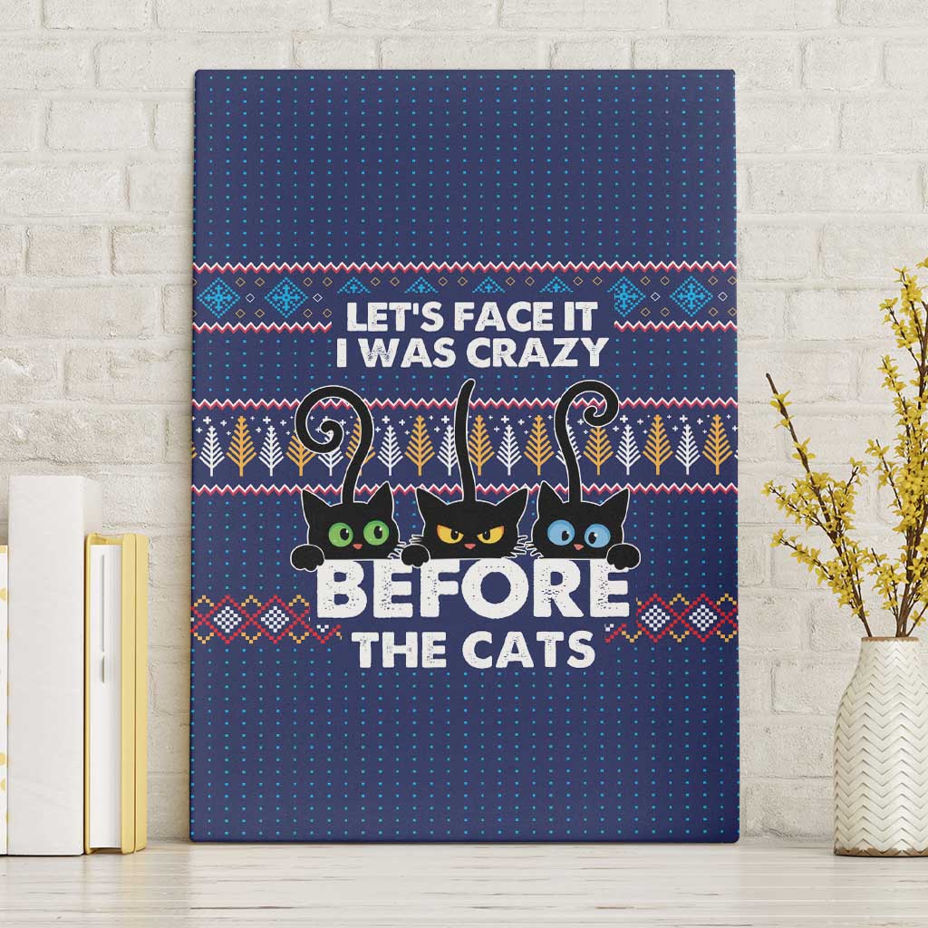 Crazy Cat Lover Canvas Wall Art with Black Cats and Funny Quote in Blue Holiday Knit Pattern Design - Wonder Print Shop