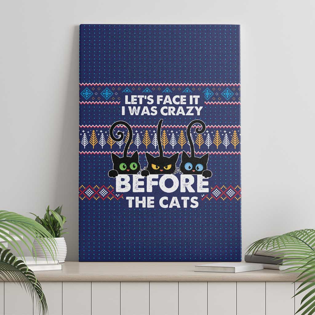 Crazy Cat Lover Canvas Wall Art with Black Cats and Funny Quote in Blue Holiday Knit Pattern Design - Wonder Print Shop