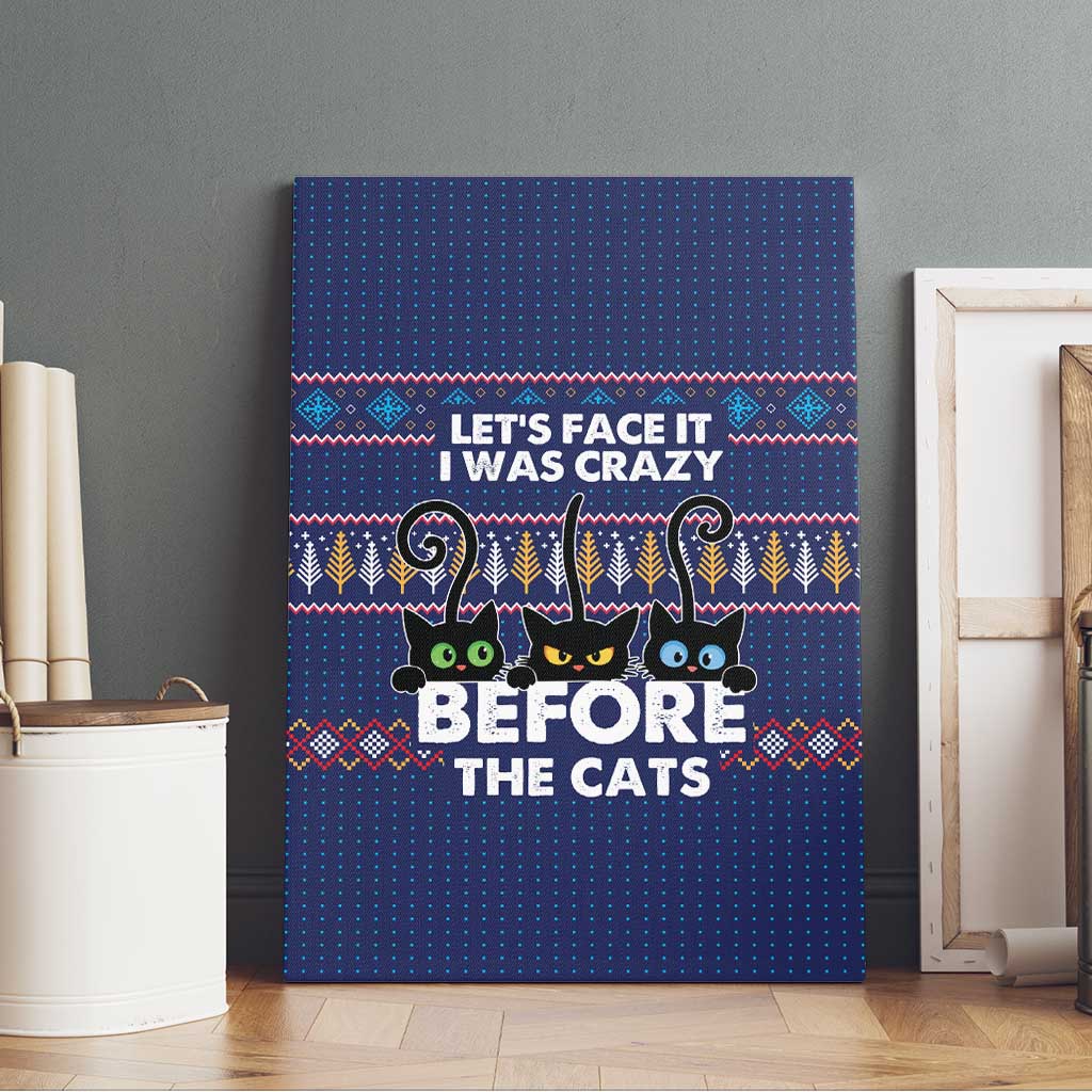 Crazy Cat Lover Canvas Wall Art with Black Cats and Funny Quote in Blue Holiday Knit Pattern Design - Wonder Print Shop