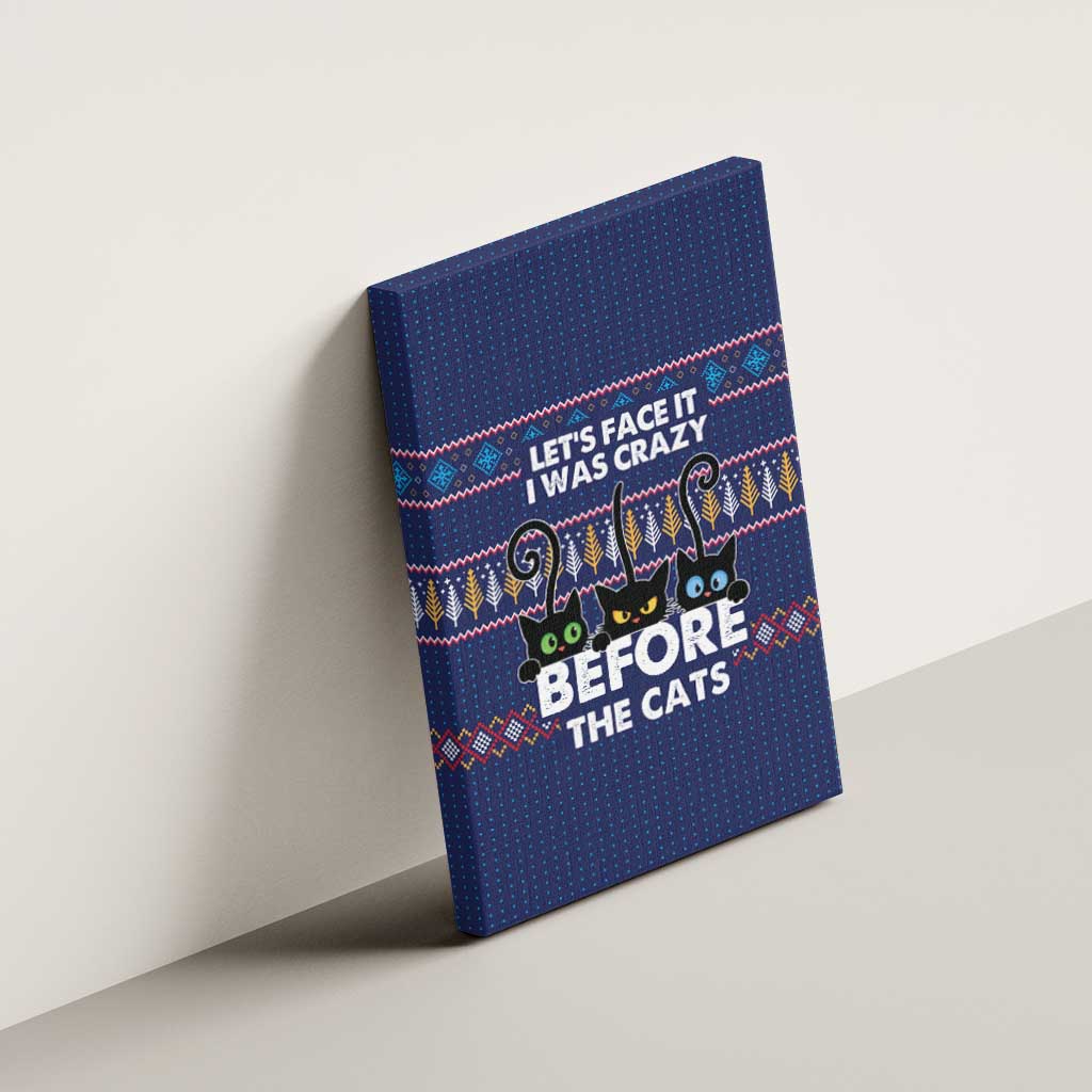 Crazy Cat Lover Canvas Wall Art with Black Cats and Funny Quote in Blue Holiday Knit Pattern Design - Wonder Print Shop