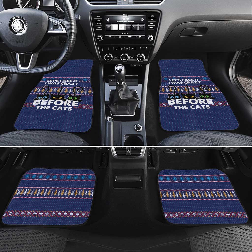 Crazy Cat Lover Car Mats with Black Cats and Funny Quote in Blue Holiday Knit Pattern Design - Wonder Print Shop