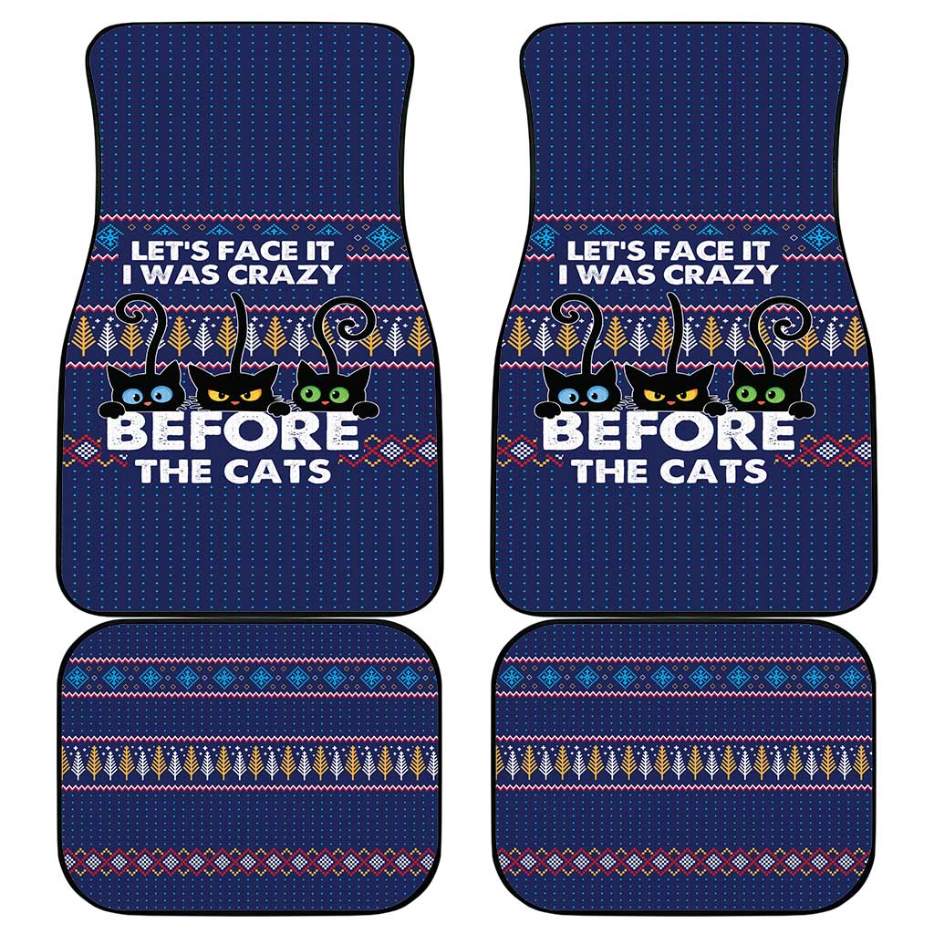 Crazy Cat Lover Car Mats with Black Cats and Funny Quote in Blue Holiday Knit Pattern Design - Wonder Print Shop