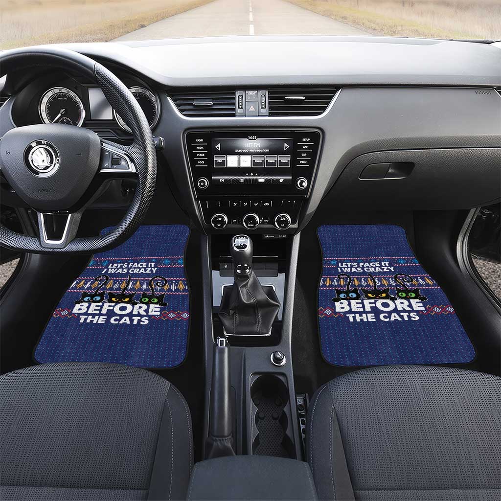 Crazy Cat Lover Car Mats with Black Cats and Funny Quote in Blue Holiday Knit Pattern Design - Wonder Print Shop