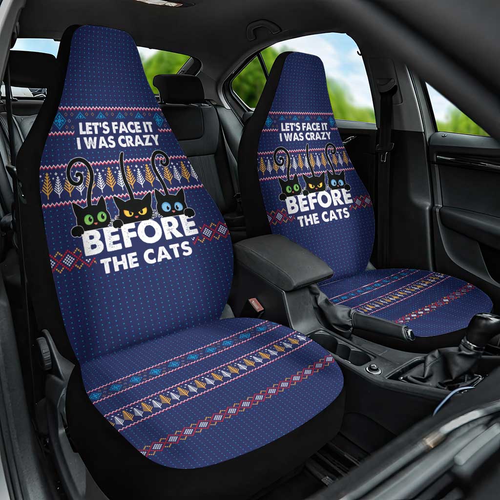 Crazy Cat Lover Car Seat Cover with Black Cats and Funny Quote in Blue Holiday Knit Pattern Design - Wonder Print Shop