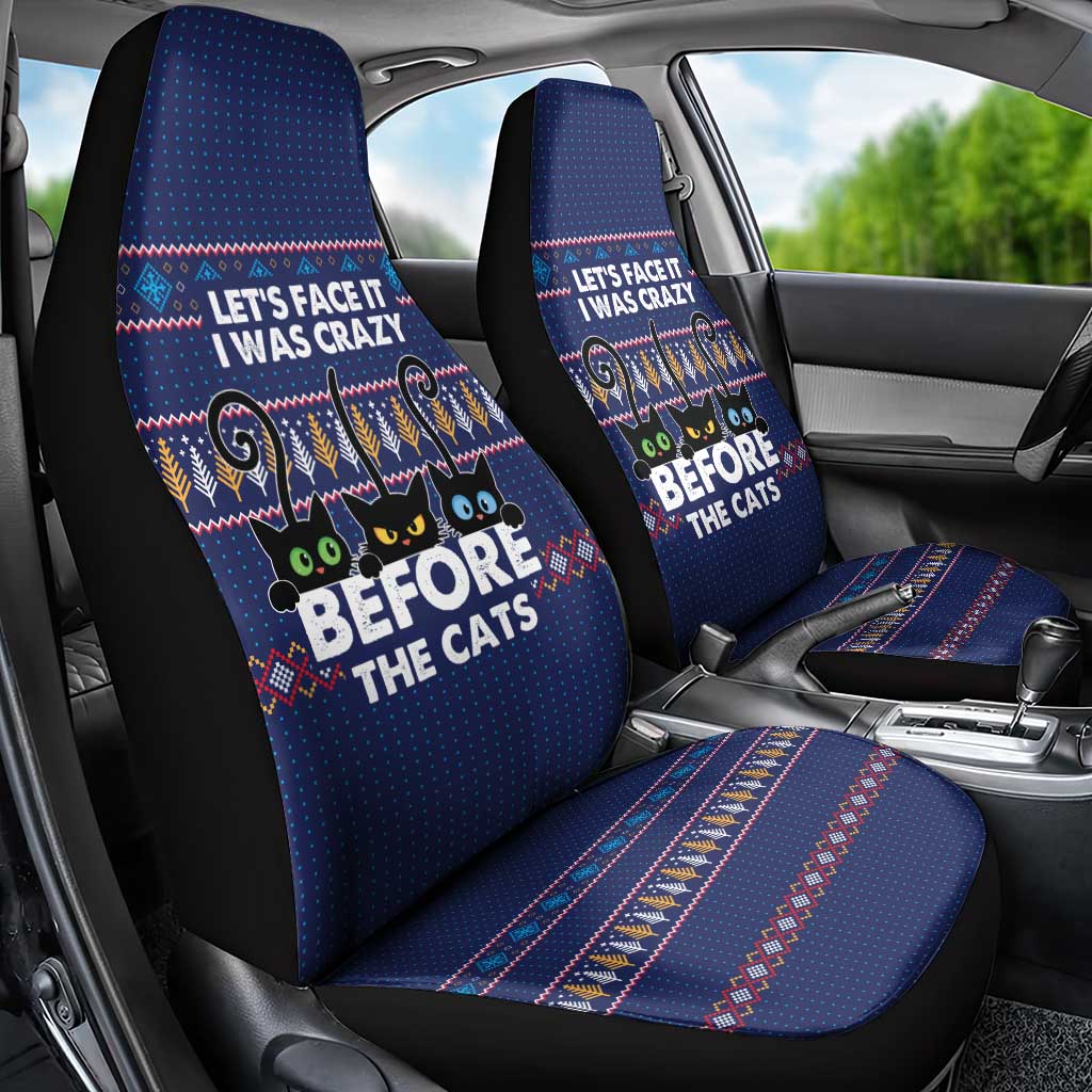 Crazy Cat Lover Car Seat Cover with Black Cats and Funny Quote in Blue Holiday Knit Pattern Design - Wonder Print Shop
