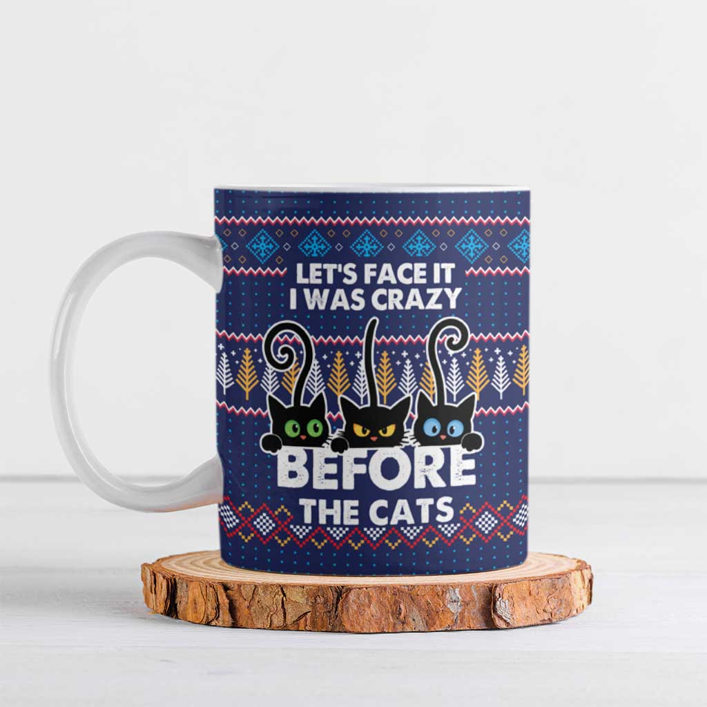 Crazy Cat Lover Ceramic Mug with Black Cats and Funny Quote in Blue Holiday Knit Pattern Design - Wonder Print Shop