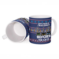 Crazy Cat Lover Ceramic Mug with Black Cats and Funny Quote in Blue Holiday Knit Pattern Design - Wonder Print Shop