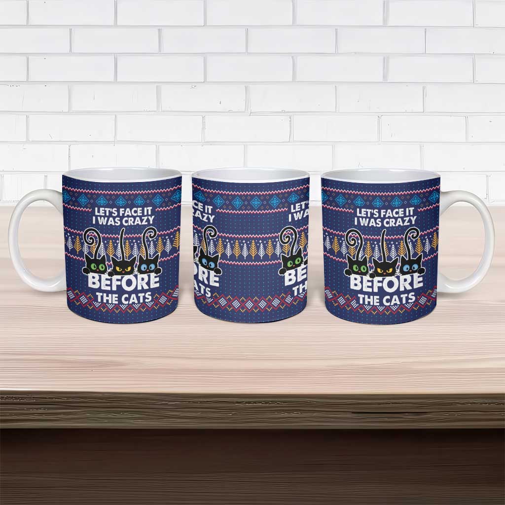 Crazy Cat Lover Ceramic Mug with Black Cats and Funny Quote in Blue Holiday Knit Pattern Design - Wonder Print Shop
