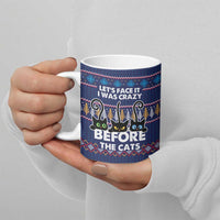 Crazy Cat Lover Ceramic Mug with Black Cats and Funny Quote in Blue Holiday Knit Pattern Design - Wonder Print Shop