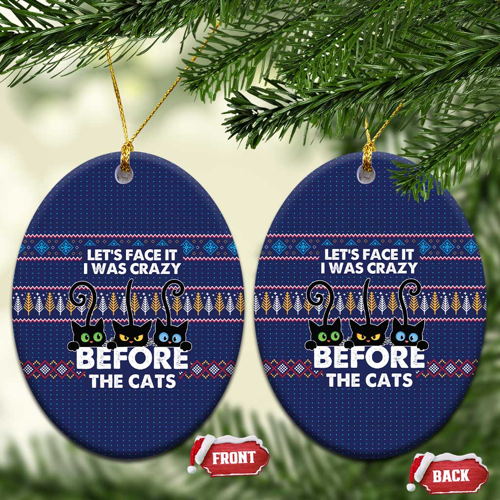 Crazy Cat Lover Ceramic Ornament with Black Cats and Funny Quote in Blue Holiday Knit Pattern Design - Wonder Print Shop