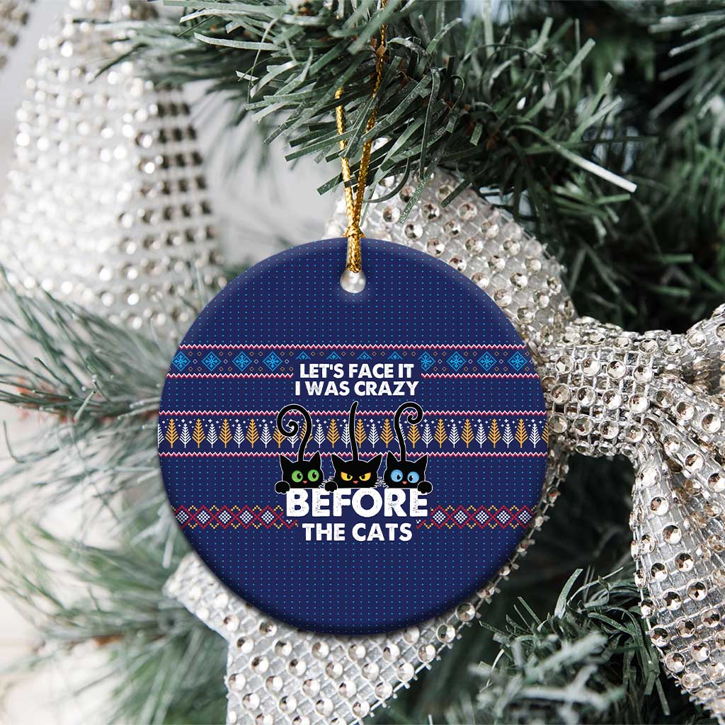 Crazy Cat Lover Ceramic Ornament with Black Cats and Funny Quote in Blue Holiday Knit Pattern Design - Wonder Print Shop