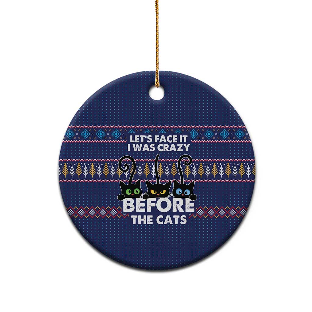 Crazy Cat Lover Ceramic Ornament with Black Cats and Funny Quote in Blue Holiday Knit Pattern Design - Wonder Print Shop