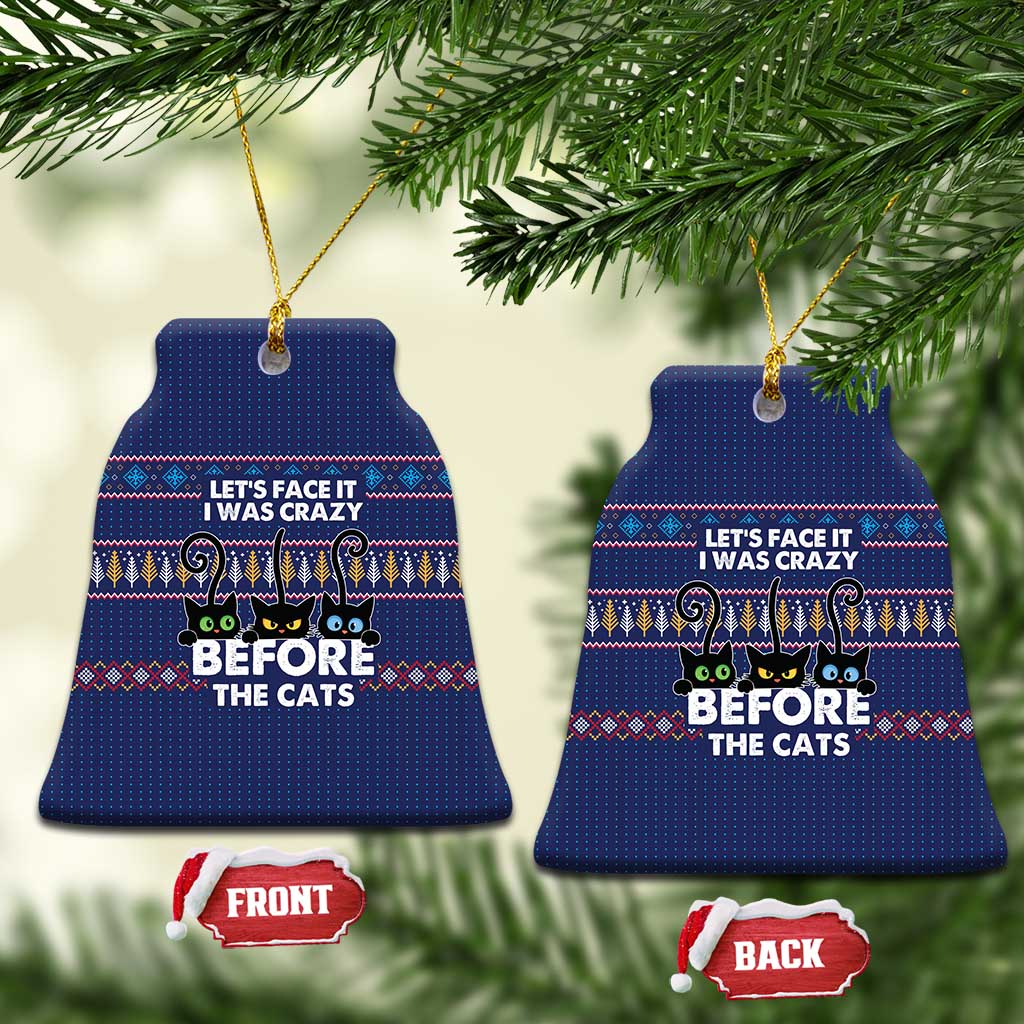 Crazy Cat Lover Ceramic Ornament with Black Cats and Funny Quote in Blue Holiday Knit Pattern Design - Wonder Print Shop