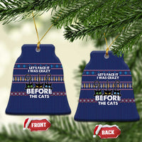 Crazy Cat Lover Ceramic Ornament with Black Cats and Funny Quote in Blue Holiday Knit Pattern Design - Wonder Print Shop