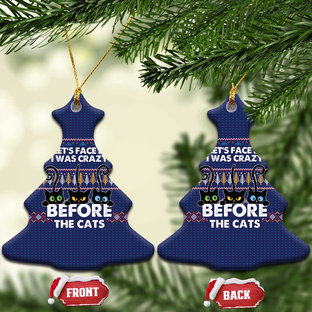 Crazy Cat Lover Ceramic Ornament with Black Cats and Funny Quote in Blue Holiday Knit Pattern Design - Wonder Print Shop