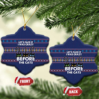 Crazy Cat Lover Ceramic Ornament with Black Cats and Funny Quote in Blue Holiday Knit Pattern Design - Wonder Print Shop