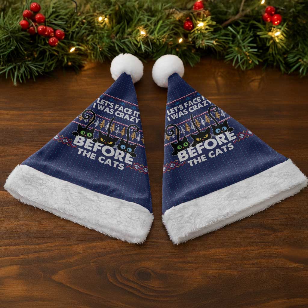 Crazy Cat Lover Christmas Santa Hat with Black Cats and Funny Quote in Blue Holiday Knit Pattern Design - Wonder Print Shop