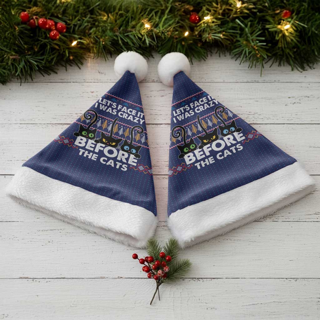 Crazy Cat Lover Christmas Santa Hat with Black Cats and Funny Quote in Blue Holiday Knit Pattern Design - Wonder Print Shop