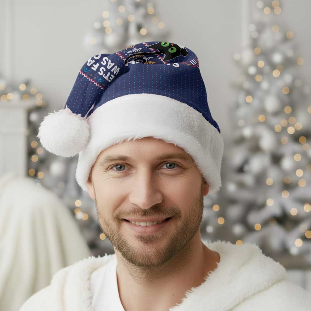 Crazy Cat Lover Christmas Santa Hat with Black Cats and Funny Quote in Blue Holiday Knit Pattern Design - Wonder Print Shop